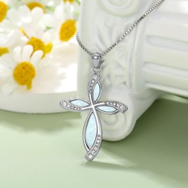 PEIMKO White Opal Cross Necklace for Women 925 Sterling Silver 5A CZ Pendant Necklaces Gifts for Mother's Day, Birthday or Anniversary