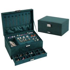 Jewelry Boxes for Women Girls, Jewelry Organizer Box with Lock, Velvet 3 Layers Jewelry Organizers and Storager for Earring, Ring, Necklace, Bracelets (Green-1)