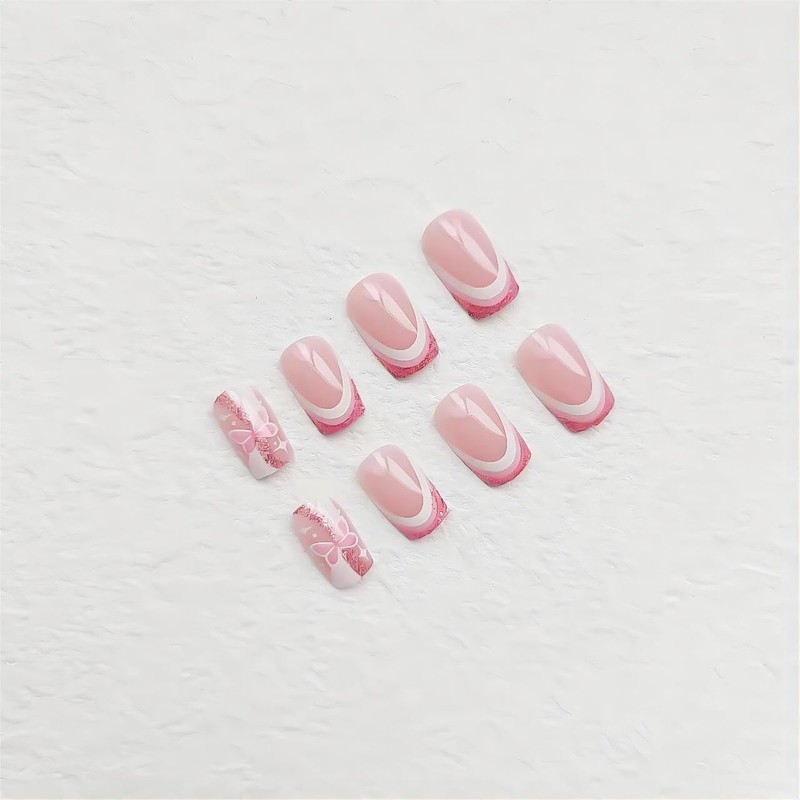 RTKHFZE 24Pcs Medium Square French Tip Glossy Pink Heart Design