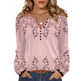 Zeagoo Button Up Tops for Women Pink Floral V Neck Tee Ladies 2025 Long Sleeve Spring Shirts Loose Fit Dressy Blouse,XXL
