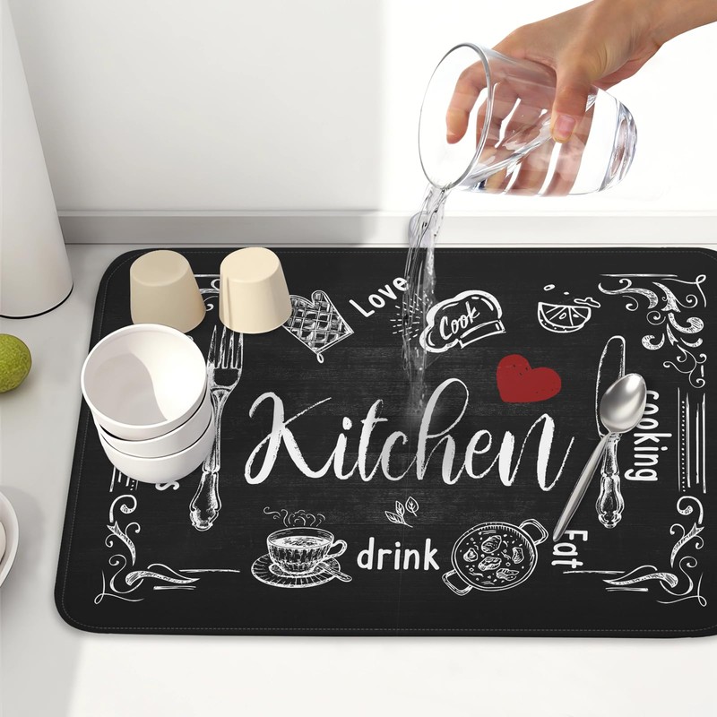 Kawani Black Coffee Bar Dish Drying Mats for Kitchen Counter