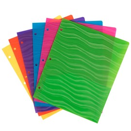 JAM PAPER Heavy Duty Plastic 3 Hole Punch Pocket Folders - Extra Tough School Folders - Assorted Wave Colors - 6/Pack