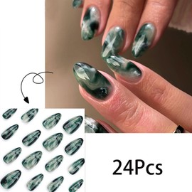 Emerald Almond Press on Nails Medium Fake Nails with Green Marble Smudge Designs Stick on Nails Reusable Acrylic Nails Reusable Artificial Nails Glue on Nails False Nails for Women Manicure 24Pcs
