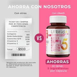 LIFEED Skin | 45 Cápsulas | Suplemento a Base de Colágeno, Ácido Hialurónico, Coenzima Q10, Vitamina E, Vitamina C | Suplemento Alimenticio | Cápsulas de Gelatina y Agua | Presentación en Tarro