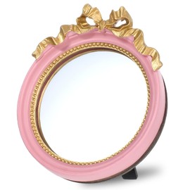 Small Wall Mirror 4.2'' Pink Vintage Makeup Desk Mirror Traditional Roundness Table Mirrors with Resin Frame Decorative Hanging Mirrors for Bedroom Bathroom Tabletop Wall