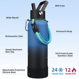 BJPKPK Insulated Water Bottle with Straw Lid, 40oz Large Thermos with 3 Lids, Paracord Handle & Non-slip Boot, BPA Free Leak Proof Stainless Steel Metal Water Bottles, Tumblers, Cups,Blue Black