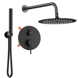Shower Faucet Set,10-Inch Round Rainfall Showerhead with Dual-Function Handheld Spray,Brass Shower Valve Trim Kit,Wall Mounted Round Rain Shower System (Matte black)