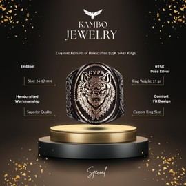 KAMBO 925K Sterling Silver Wolf Ring - Men's Ring with Striking Wolf Head Design for Bold Style and Symbolic Power, Silver, No Gemstone