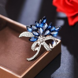 Large Brooch Pin Austrian Crystal Leaf Shape Bouquet Rhinestone Scarf Decoration Wreath Cloth Brooches Pins For Women Girls (Bauhinia-blue)