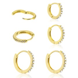 Yolev 3 Pairs Gold Small Hoop Earrings Set Cubic Rhinestones Hoop Earrings Gold Huggie Earrings for Women(8mm 10mm 12mm)
