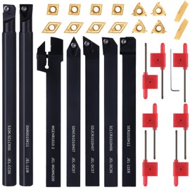 LYMMIYTC 3/8" 10mm Indexable Lathe Turning Tool 21Pcs Kit- 7Pcs Metal Lathe Tools Holder Set with 14Pcs Carbide Insert Turning Inserts for Turning Grooving Boring Threading Cutting.Carbide Lathe Tools