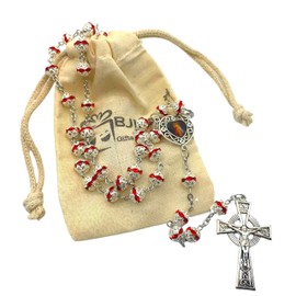 Divine Mercy Rosary - Carved alloy with Rhine Stone Crystal Beads Chain and Heart Shape Divine Mercy Image - Rear Window Car Rosary - Catholic Rosary with Muslin Pouch