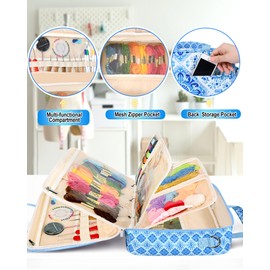 Telawsfun Sewing Organizer Bag, Large Portable Craft Storage Tote with Clear PVC Pockets for Knitting, Crochet, Embroidery Supplies and Sewing Accessories,Water-Resistant Fabric (Blue Floral)