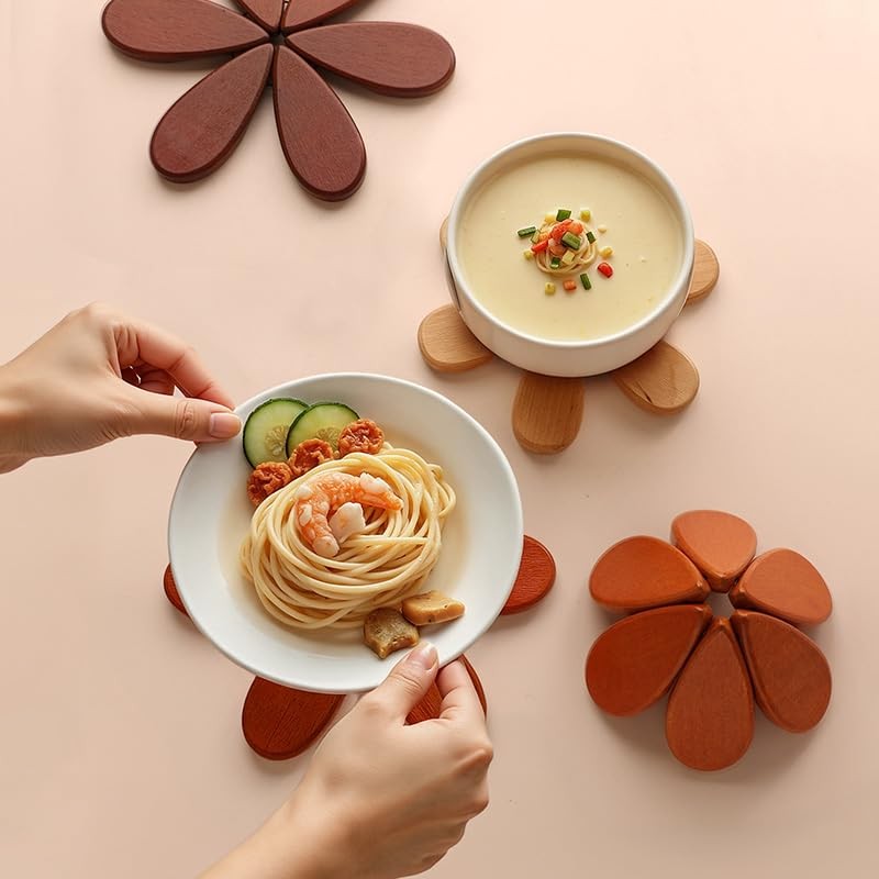 4 Sets in Wooden Apple Tree Trivets for Hot Dishes,