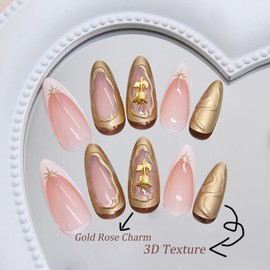 BABALAL Press on Nails Medium Almond Fake Nails Gold Chrome Glue on Nails with Gold Rose Charm Acrylic Nails 3D Texture False Nails 24Pcs Custom Stiletto Full Cover Artificial Nails for Women Girls