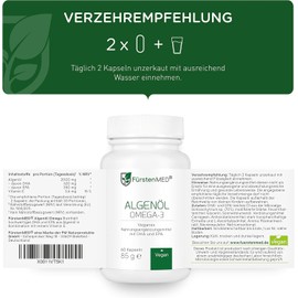FürstenMED® Algae Oil Omega 3 Vegan Capsules High Dose with 700 mg DHA & 320 mg EPA per Daily Dose + Vitamin E - 60 Capsule