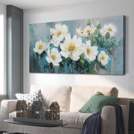 Ardemy White Flowers Wall Art Canvas Magnolia Teal Floral 3D Thick Textured Picture Gold Turquoise Blue Painting Artwork Framed for Living Room Bedroom Bathroom Home Office Wall Decor, Large 48"x24"