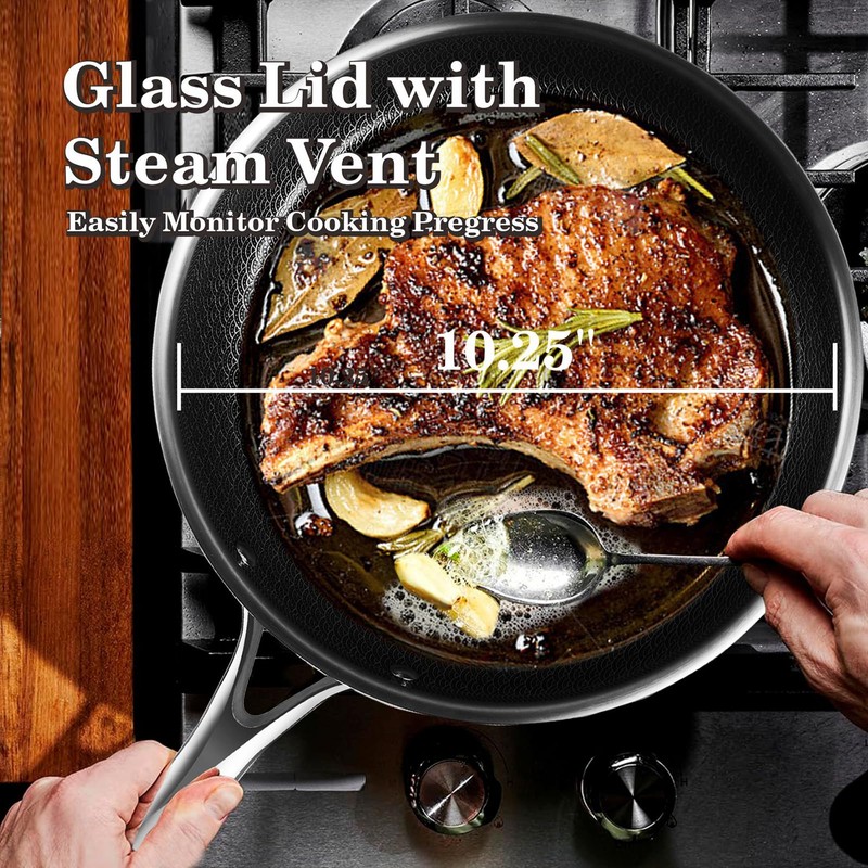 Nonstick Frying Pans with Lid,10 inch Stainless Steel Skillet Set