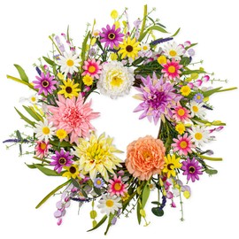 MagicWreath Artificial Spring Wreath 22 Inch Floral Wreaths for Front Door Spring Summer Wreath with Dahlia Daisy Flowers for Indoor Porch Wall Springtime Holidays Easter Celebrations
