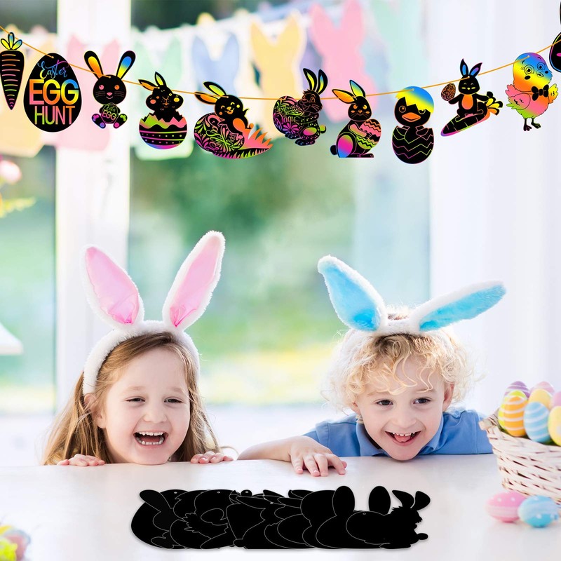 FEPITO 24 Pcs Easter Scratch Paper Kits Bunny Scratch Paper