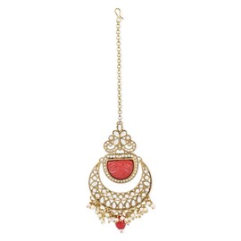 I Jewels Gold Plated Indian Wedding Bollywood Kundan Pearl Maang Tikka for Women (T2140R), No Gemstone