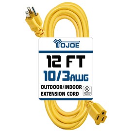 YOJOE Indoor Outdoor Extension Cord, 3 Prong 15A Weatherproof Power Cord, 10 Gauge Heavy Duty 12 ft Yellow Extension Cord for Garage, Garden and Home, 10/3 SJTW UL Listed