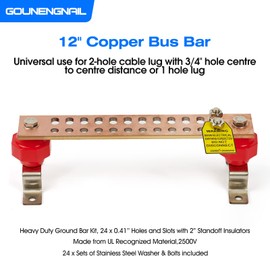 12" Heavy-Duty Copper Ground Bar Kit,Grounding Bus Bar,with 24 x 0.41’’ Holes & Slots and 2” x 2’’ Standoff Insulators Made from UL Recognized Material,2500V