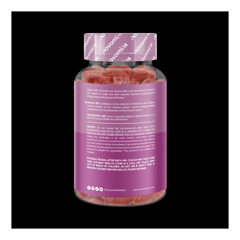 Novomins B12 Strawberry Flavour Vitamins 60 Gummies 30 Days Supply