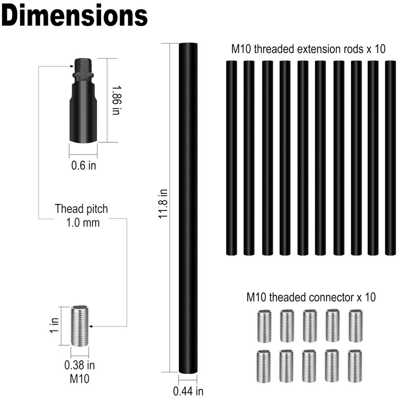 10 Pieces 12-inch M10 Threaded Extension Poles Lighting Fixture Downrods