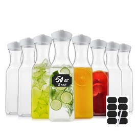 Cuiselect 50 Oz Water Carafe with Lids, Square Plastic Pitcher for Mimosa Bar, Drinks, Milk, Iced Tea, Juice Container for Fridge, BPA-Free, NOT DISHWASHER SAFE (8 Pack)