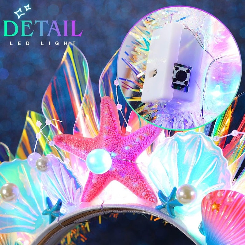 Evlry LED Crown Headband Luminous Shell Headpiece Glitter Starfish Beads