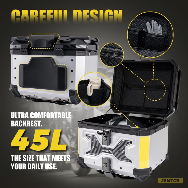 JAMTON 45L Motorcycle Top Case, Aluminum Motorcycle Tail Box Trunk