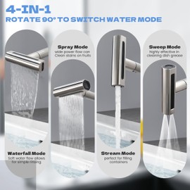 FROPO Waterfall Kitchen Faucet with Pull Down Sprayer, 4 Modes (Sweep/Stream/Waterfall/Spray), 360° Swivel Stainless Steel Kitchen Sink Faucet Single Lever Handle Brushed Nickel Sink Faucet