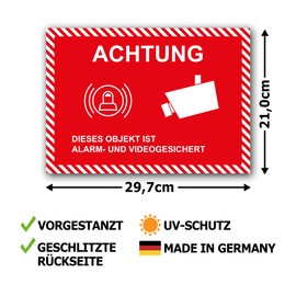 Pack of 10 Premium Stickers "Achtung dieses Objekt ist Alarm und Videogesichert" [German Language] A4 21 x 29.7 cm Sticker with UV Protection for Outdoor and Indoor Use