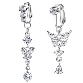 VOJO 2 Pcs Fake Belly Button Rings for Women,Clip On No-Piercing Stainless Steel Navel Jewelry, Crystal, cubic-zirconia