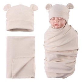 PESAAT Cotton Baby Swaddle Hat Set Newborn Infant Hats Receiving Blankets for Baby Boys Girls (Beige, 0-6 Months)