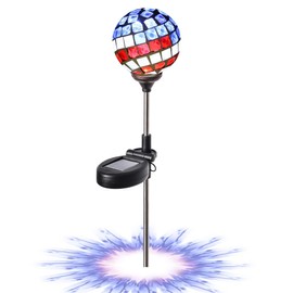 WNP Solar Powered Outdoor Garden Light Stakes Decoration, Mosaic Globe 4th of July Stake Solar Light for Patio Pathway Yard Decor, Waterproof Solar Glow Glass Ball Lights