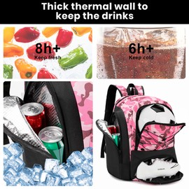 HMLIN OUTOOORS Soccer Backpack with Ball Holder,Youth soccer Bag for Basketball,Volleyball-Includes Separate Shoe Compartment&and Insulation (Camopink)