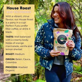 EXHALE Organic Wholebean Coffee - NEW LARGE 450G PACK - Mycotoxin Free & Suitable for Bulletproof Coffee. Single Origin and 100% Arabica Beans - Medium Roast