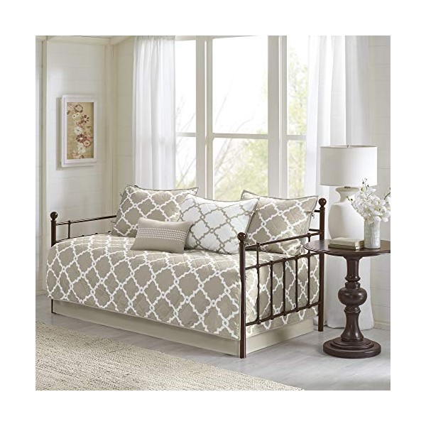 Madison Park Essentials Merritt Reversible Daybed Cover-Fretwork Print, Diamond Quilting All Season Cozy Bedding with Bedskirt, Matching Shams, Decorative Pillow, 75 in x 39 in, Taupe 6 Piece