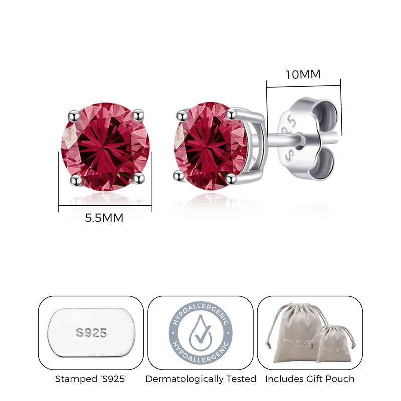 Philip Jones Sterling Silver July (Ruby) Birthstone Earrings Created with