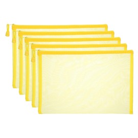 PATIKIL A4 Mesh Zipper Pouch Bags, 5 PCS Mesh Bags with Zipper Plastic Storage Pocket for Organizing File Beads Office Home Supplies, 34x24cm, Yellow