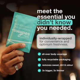 Swypes | 30 Large Individually Wrapped 100% Biodegradable Dual Sided No Rinse Body Wipes for Face & Body | Vitamin-E Infused | For Gym Travel Camping Festivals Sports