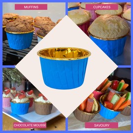 Baking Cup Liners – 100pcs for Cupcakes Muffins Desserts - Disposable Gold Foil Lined Wrapper Patty Pans for Parties and Birthdays (Blue)