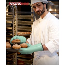 PACIFIC PPE Heat Resistant Oven Gloves, Food Grade Safety Gloves with Thickened Waterproof Silicone Coating for Cooking, Grilling, Baking, Smoker, Green, XL/10