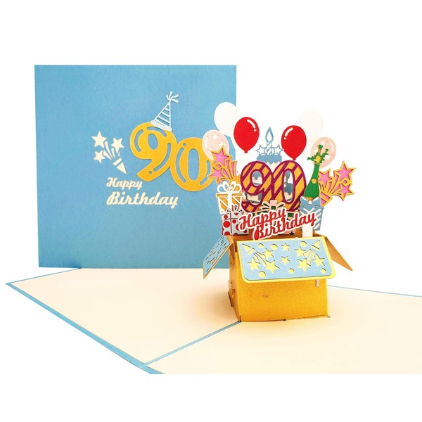 iGifts And Cards Happy 90th Blue Birthday Party Box 3D Pop Up Greeting Card – Ninety, Awesome, Balloons, Unique, Celebration, Feliz Cumpleaños, Fun, Mom, Dad
