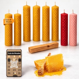 Kit Ritual Candele di Miele 100% Cera d'Api | 8 Candele + Palo Santo | Amore e Abbondanza | 6 Miele 1 Rossa 1 Rosa | Include QR con Rituale Abbondanza e Prosperità Giorni 11 e 22