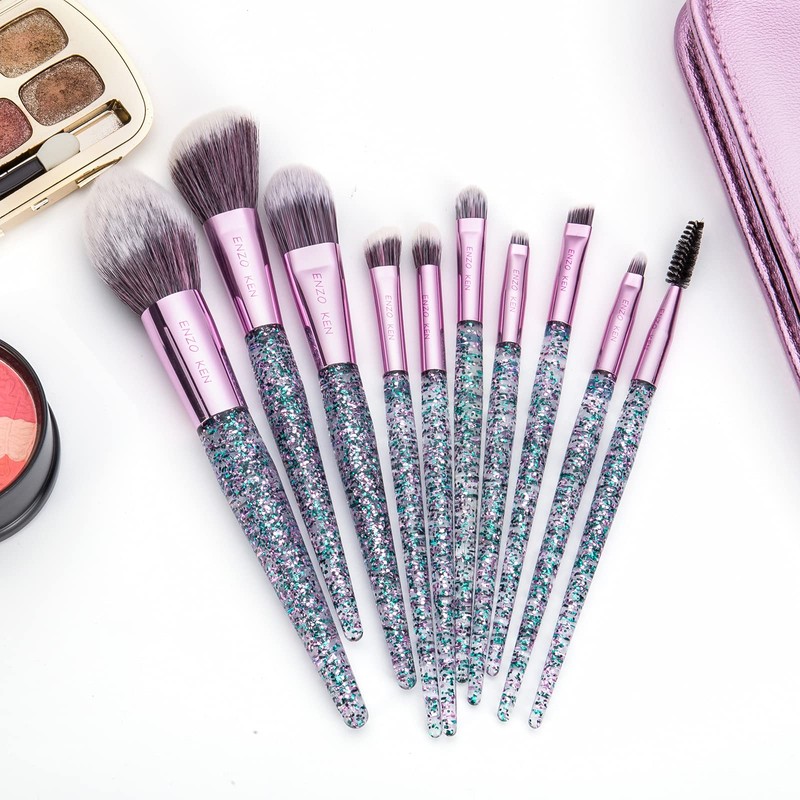 Enzo Ken Makeup Brushes with Cosmetic Bag, 10 Pieces Synthetic