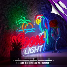 Beer Neon Sign for Wall Décor Palm Tree Parrot Crs Bar LED Light Man Cave Hotel Pub Cafe USB Powered Neon with Dimmer (Blue Parrot)