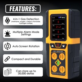 4 Gas Detector Portable 4 Gas Monitor EX H2S CO O2 Meter Rechargeable Gas Leak Detector for Natural Gas/Sewer Gas/Explosive Gas, with Clip, Audible & Visual Alarm, SOS, WiFi, Bluetooth, GPS Function